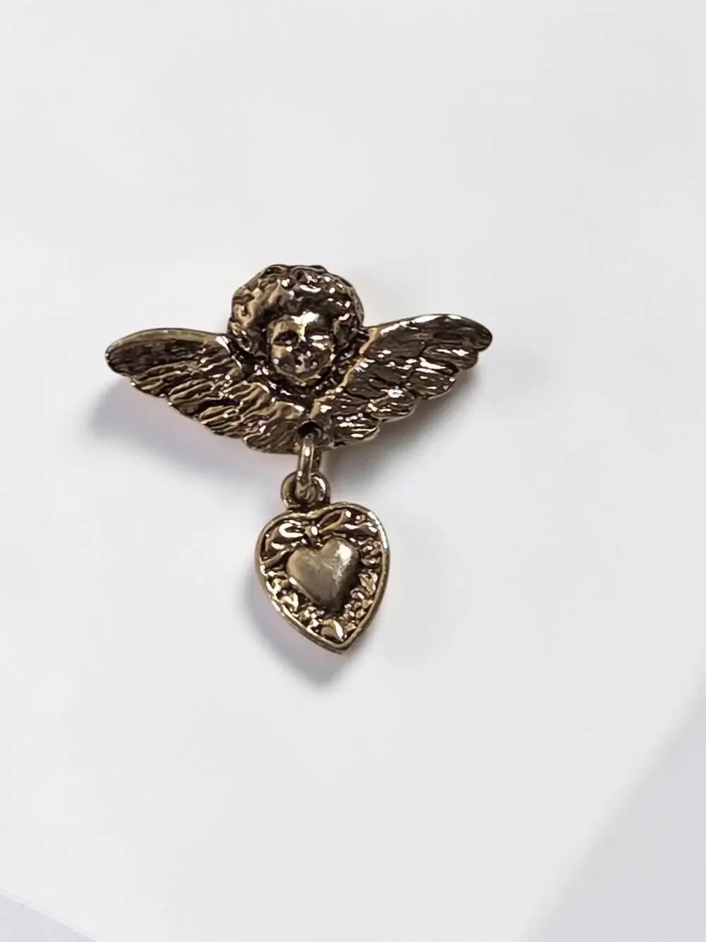 Vintage Cherub Angel Gold Mini Metal Tack Pin With Hanging Heart Brooch